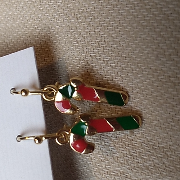 Hypoallergenic Metal Christmas Earrings Candy Cane in Gold, Red & Green - Picture 6 of 7